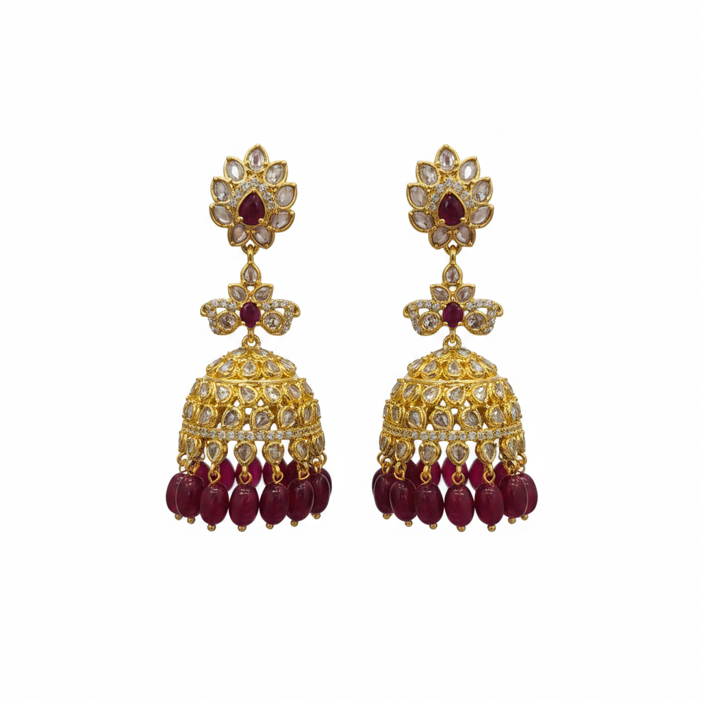 Gold Polki Ruby Jhumka – White Background