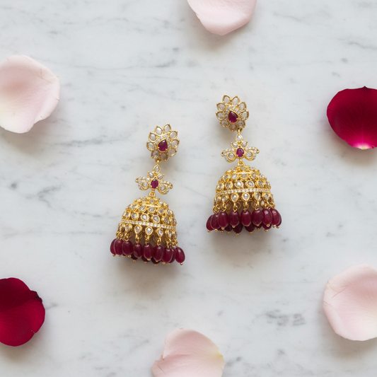 Gold Polki Lotus Jhumka with Ruby Bead Drops