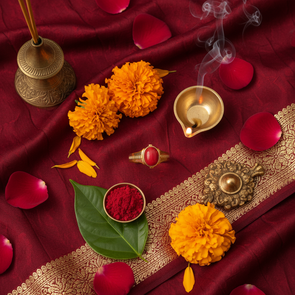 Gold Red Coral Ring - Cultural Flat Lay