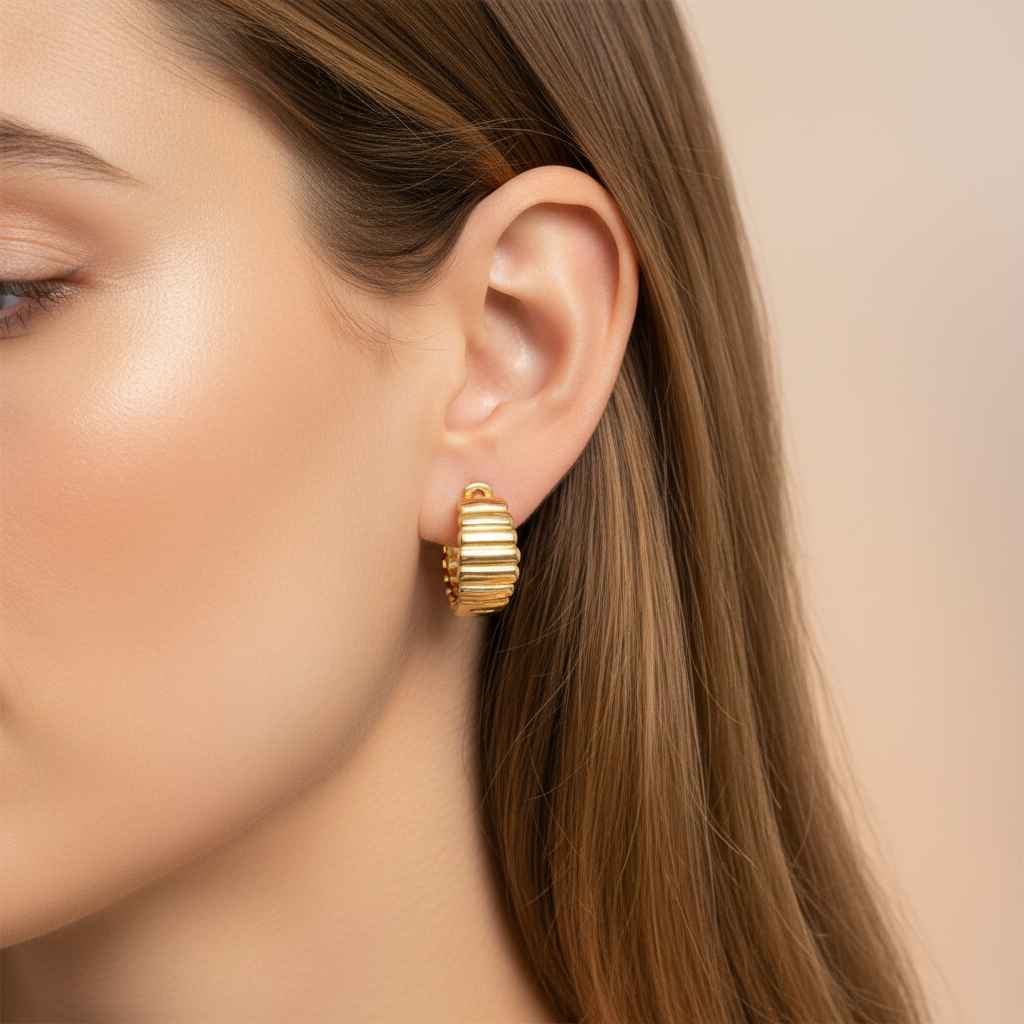 Gold Ribbed Huggie Hoop Lifestyle