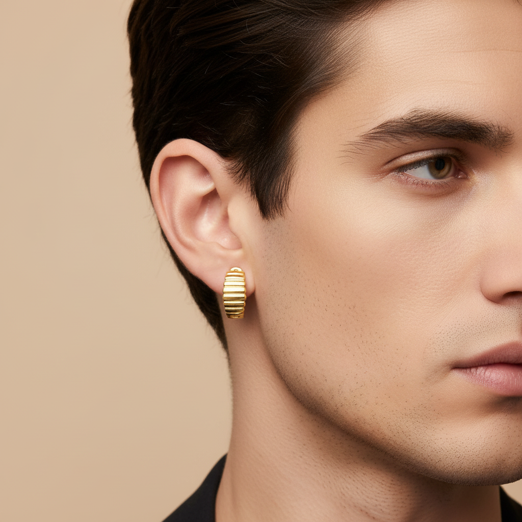 Gold Ribbed Huggie Hoop - Men's Lifestyle