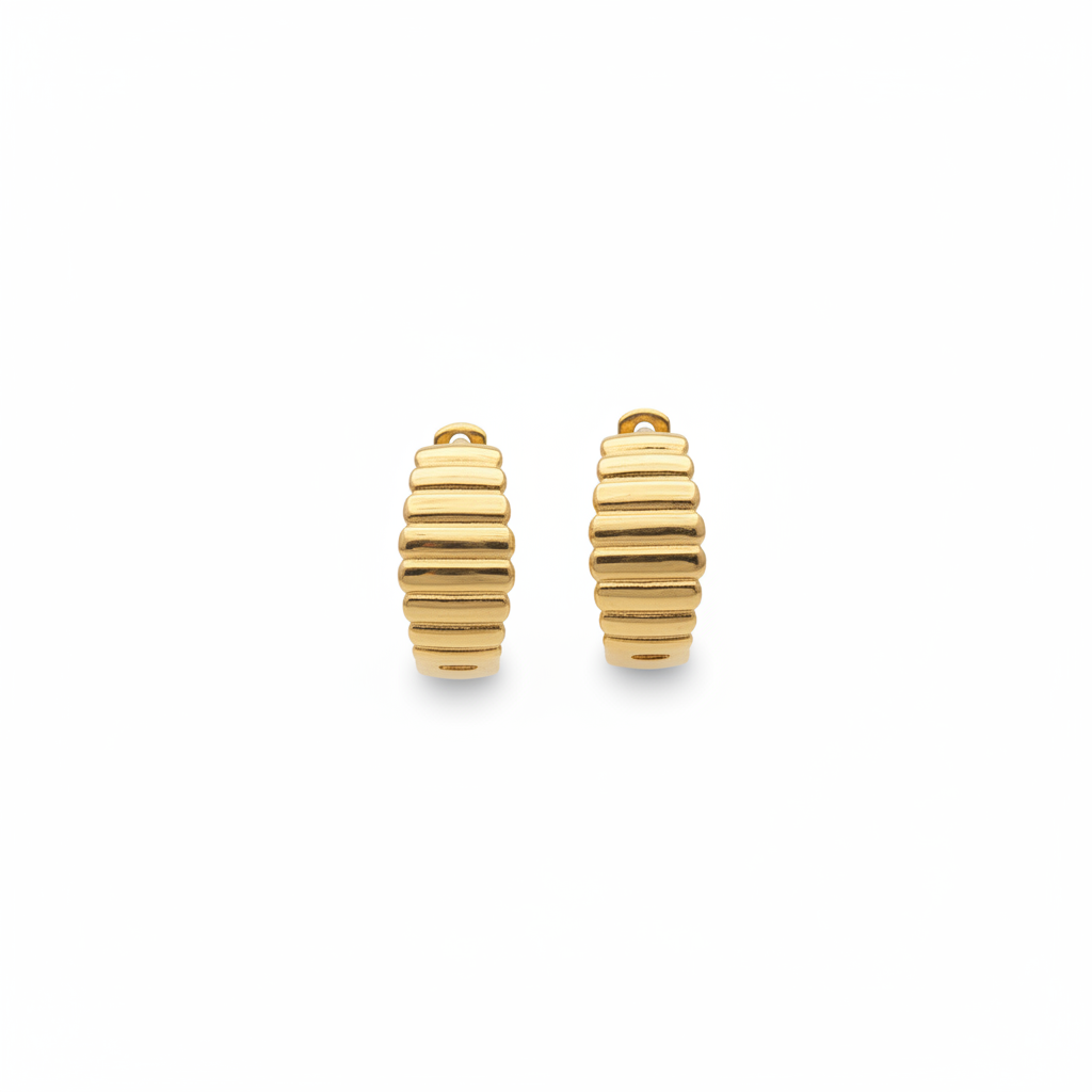 Gold Ribbed Huggie Hoops - White BG 1