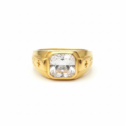 Gold Ring with White Crystal - Front View
