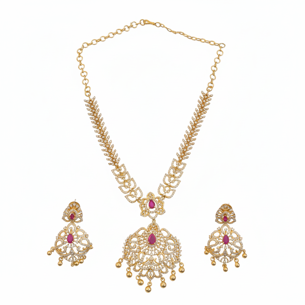 Gold Ruby CZ Necklace & Earring Set – White Background