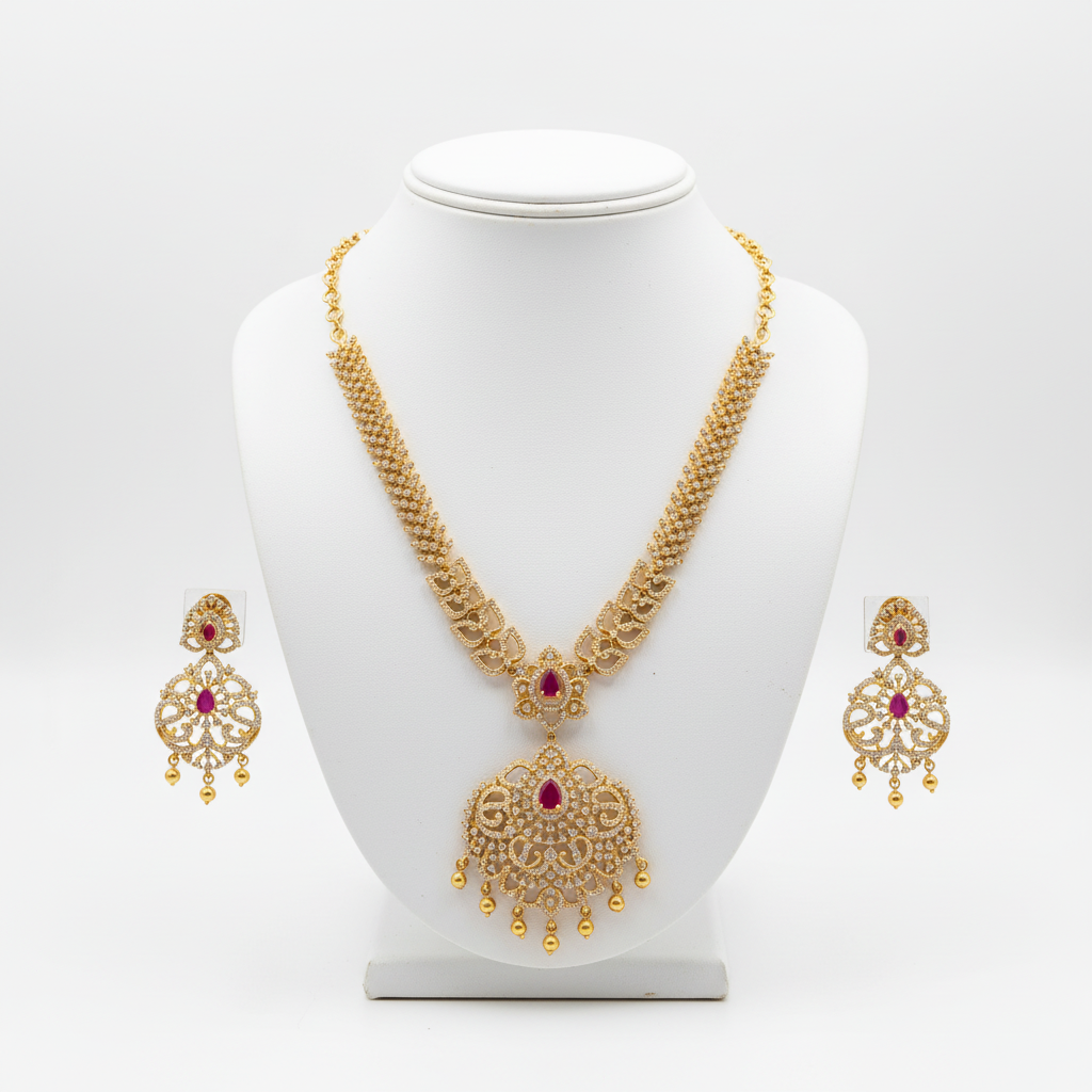 Gold Ruby CZ Necklace Set on Mannequin Display