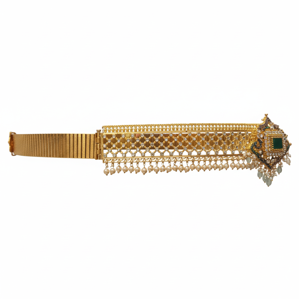Gold temple jewelry waistband with white background