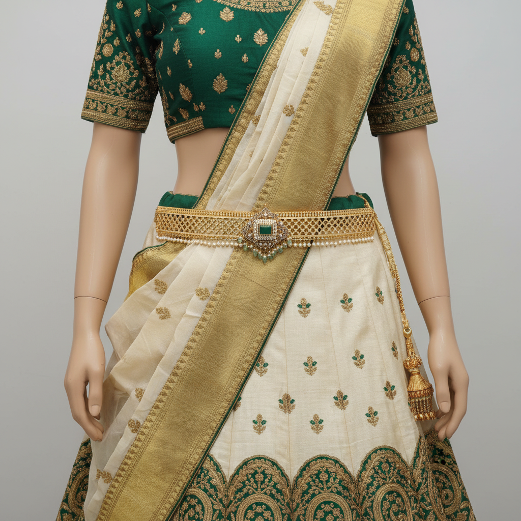 Gold vaddanam waist belt on mannequin