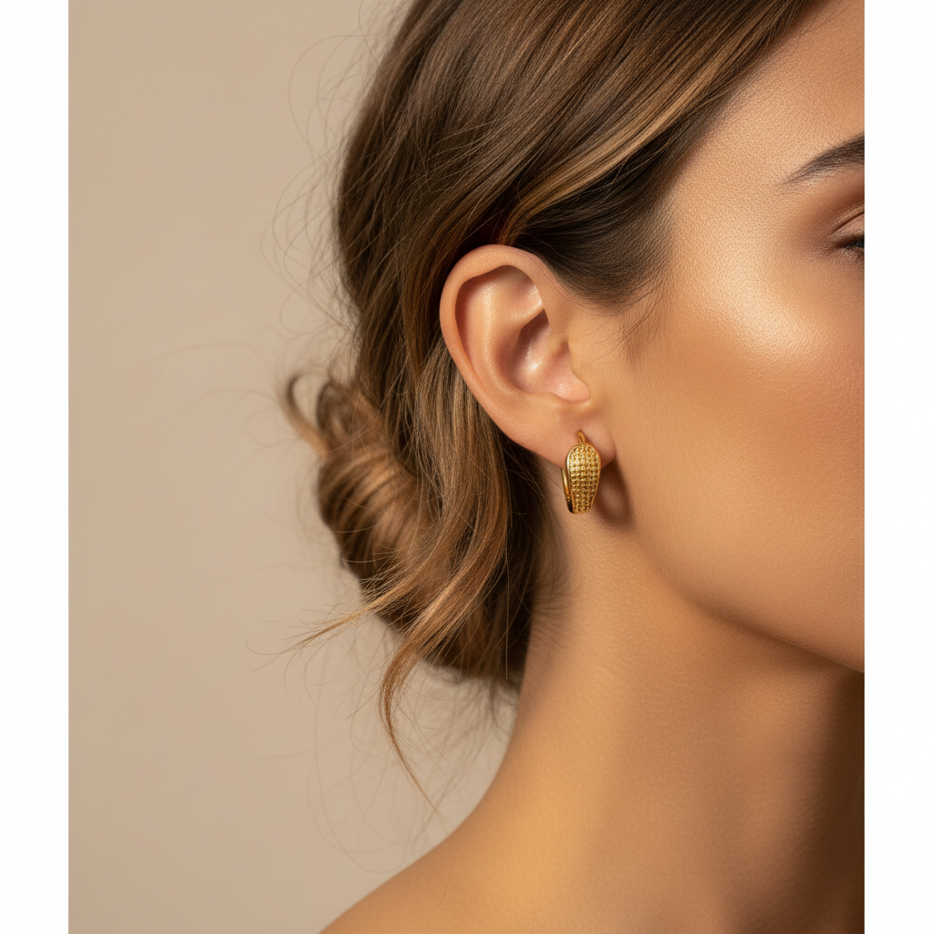 Granulated Gold Huggie Hoop Earrings - Model Wear