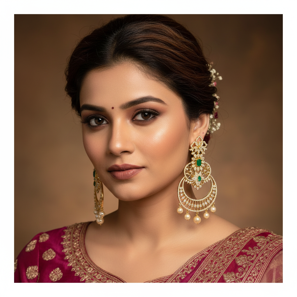 Green Chandbali Model Wear