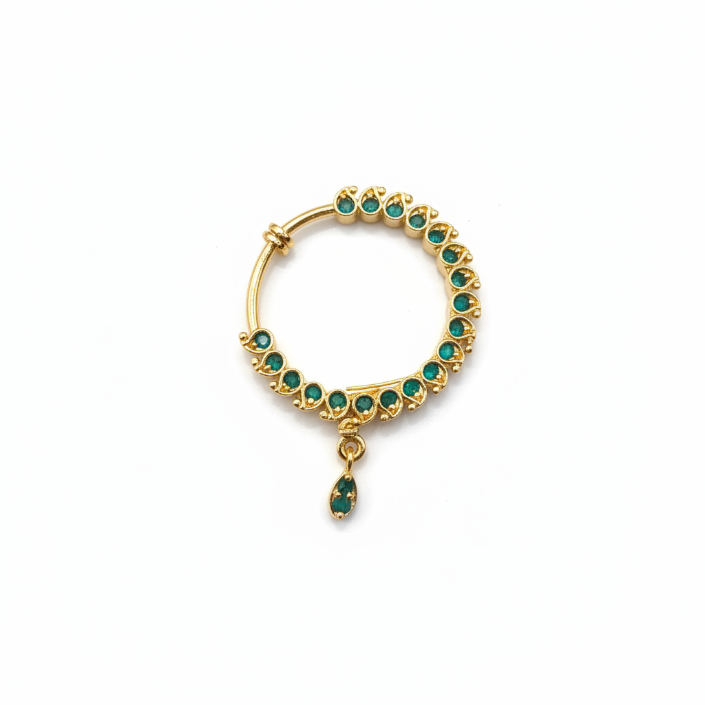 Green gemstone nose ring on white background