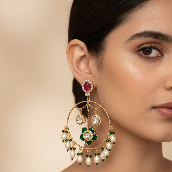 Green Moissanite Kundan Chandbali t