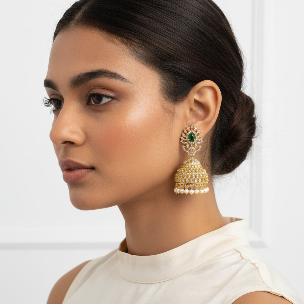 Green stone jhumka with pearls - lifestyle