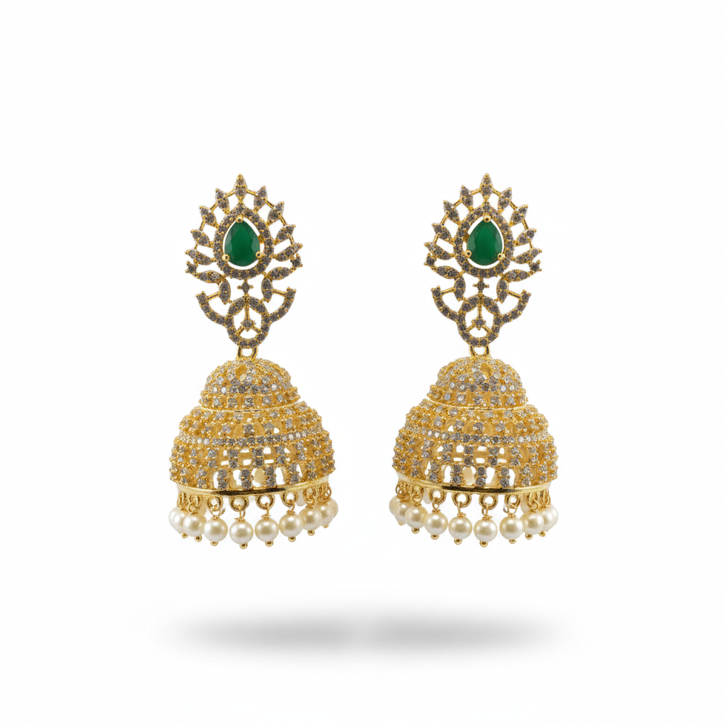 Green stone jhumka with pearls - white background