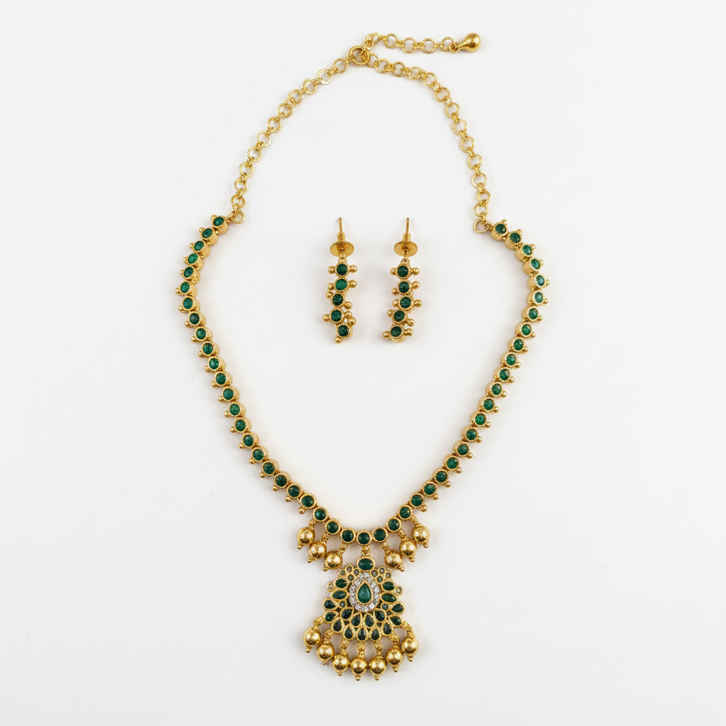 Green Stone Necklace Set Flat Lay White Background
