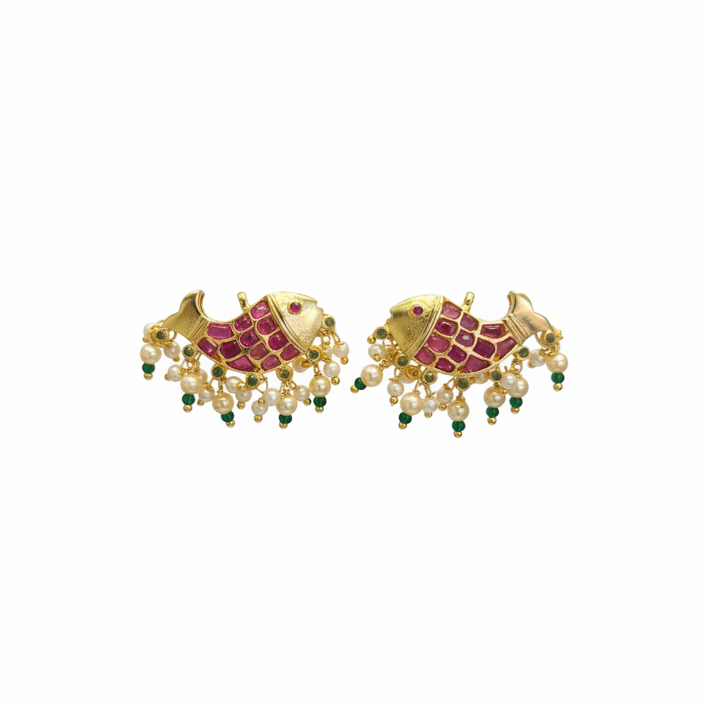 Handmade Kempu Fish Earrings on white background