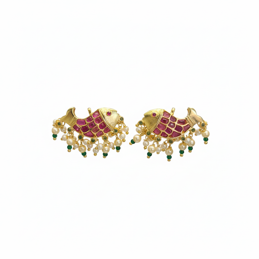 Handmade Kempu Fish Earrings on white background