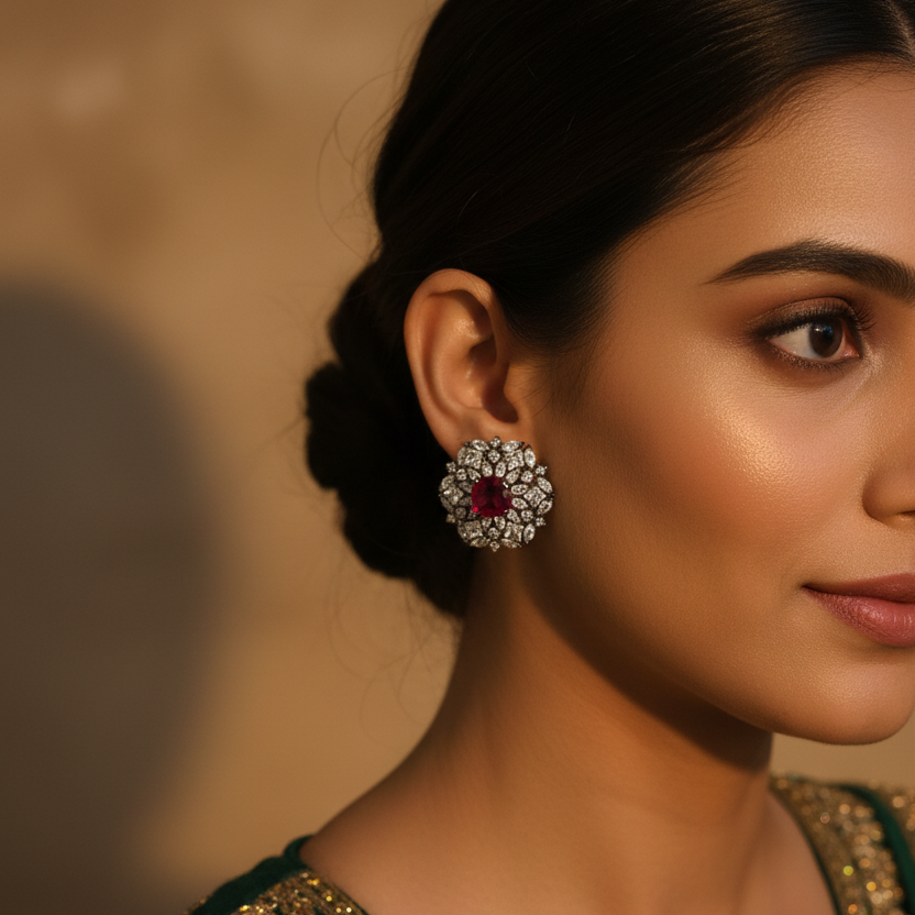 Model wearing Black Rhodium CZ Tops - Ruby Red