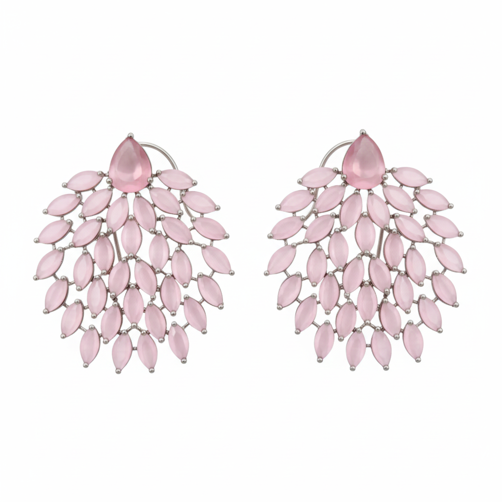 Pink Leaf Chandelier Earrings White Background Studio Shot