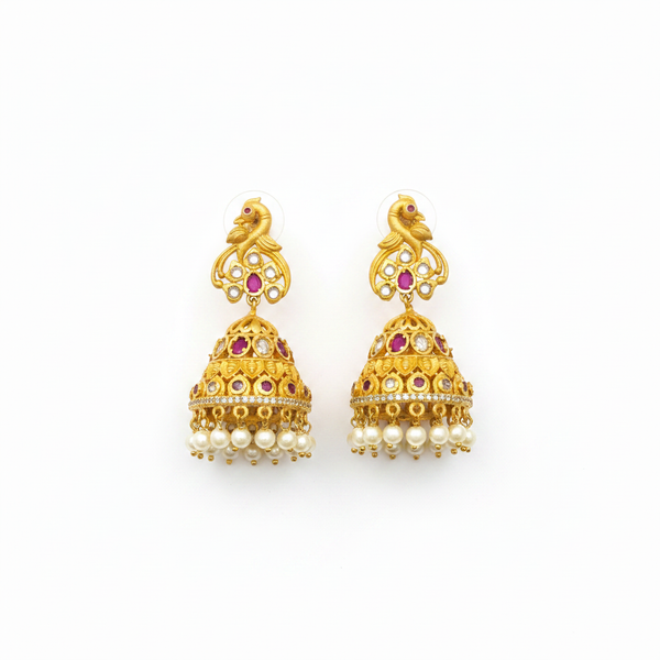 Flat lay - Matt Finish Polki Jhumka - Ruby bead variant