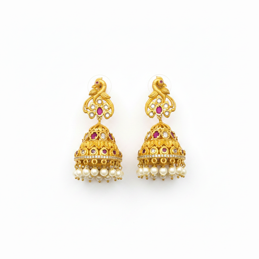 Flat lay - Matt Finish Polki Jhumka - Ruby bead variant