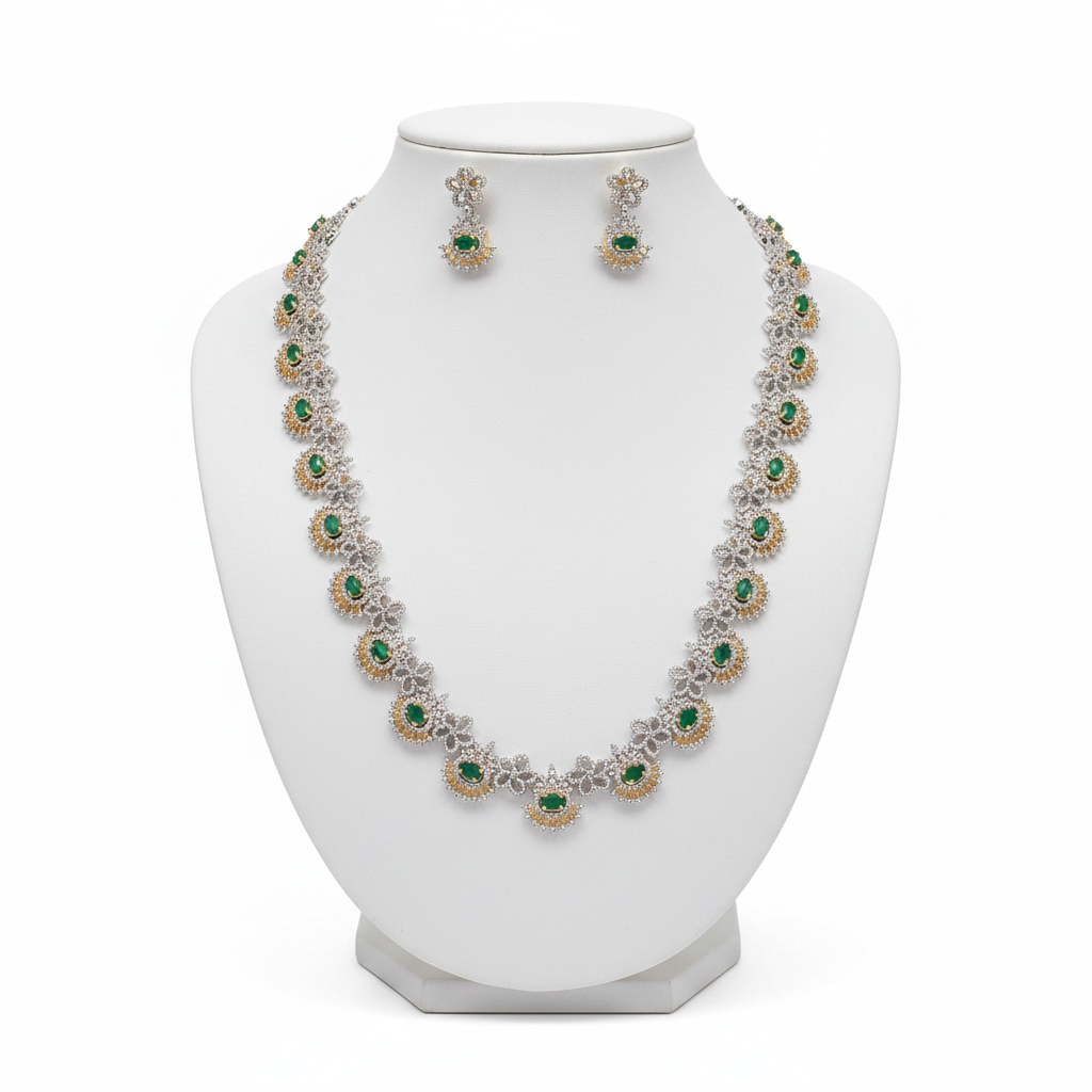 Emerald CZ necklace draped on mannequin showing 25-inch length