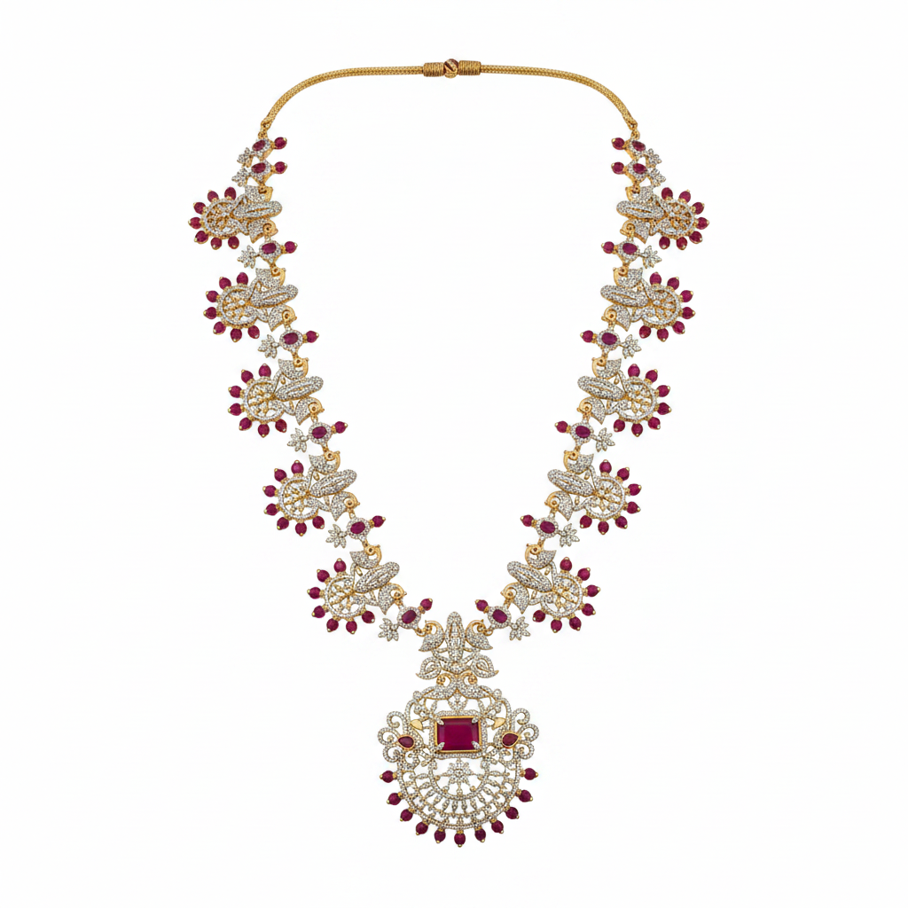 CZ Long Haram Necklace Set - Ruby Red - White Background