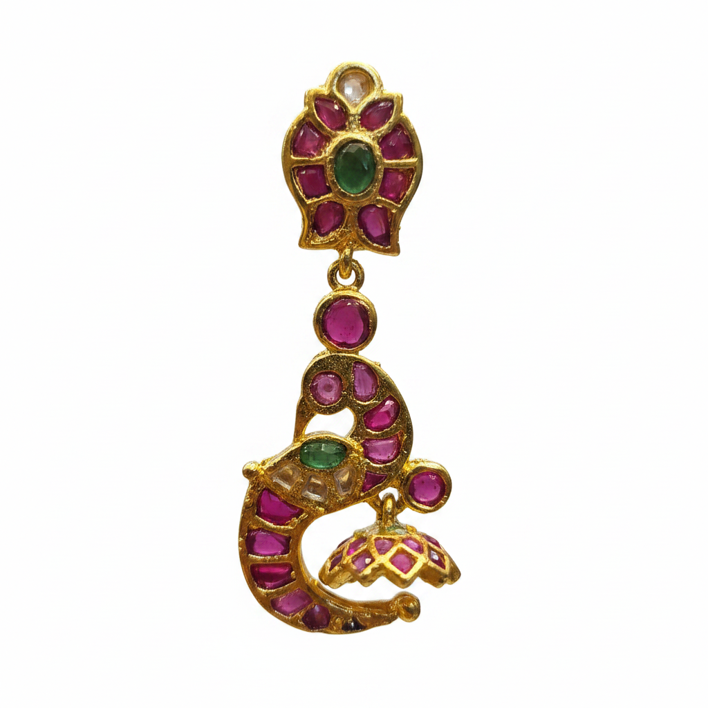Kempu Polki Peacock Drop Earrings - Detail Close-up
