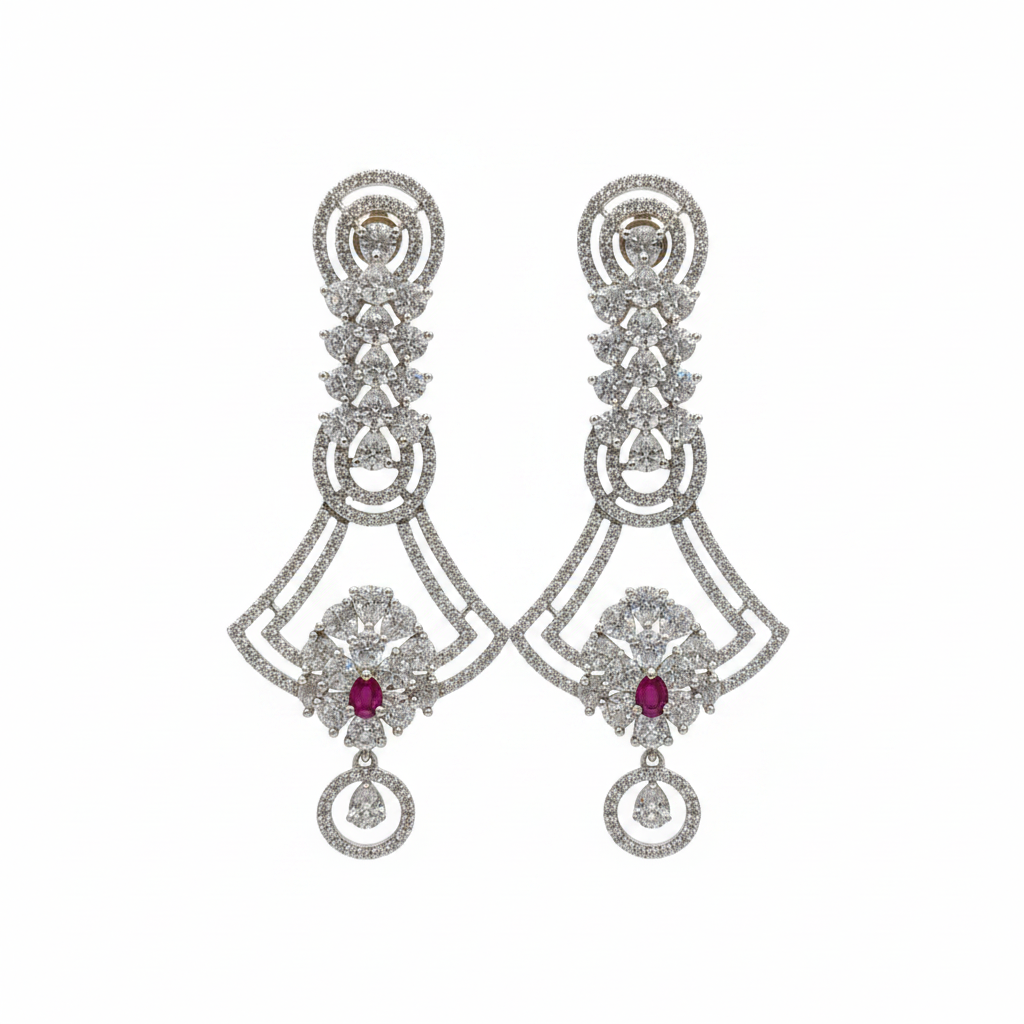 CZ Open Fan Chandelier Earrings - Silver Rhodium Finish White Background Studio Shot
