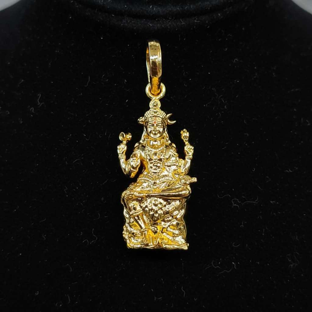 Close-up macro of Dakshinamurthy gold pendant showing four arms and intricate carving
