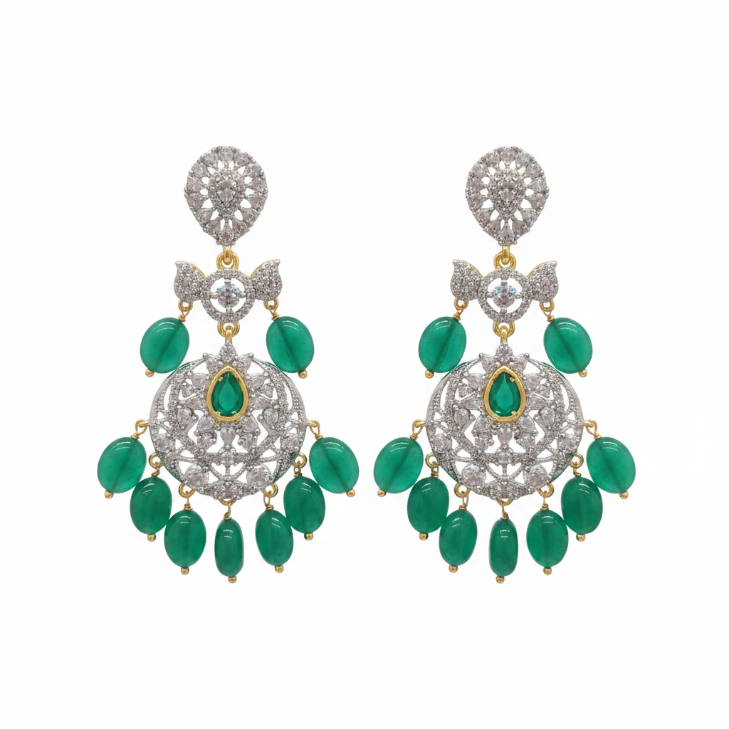 American Diamond Chandbali Earrings - White Background Studio Shot