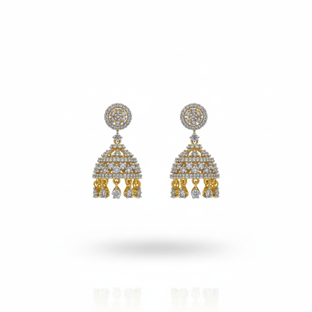 Rhodium-gold plated zircon diamond jhumka earrings with elaborate bead fringe