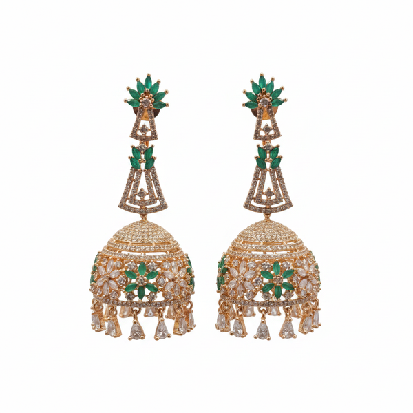 Rose gold CZ long jhumka earrings green - white background clean product shot