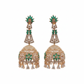 Rose gold CZ long jhumka earrings green - white background clean product shot