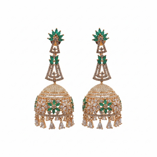 Rose gold CZ long jhumka earrings green - white background clean product shot