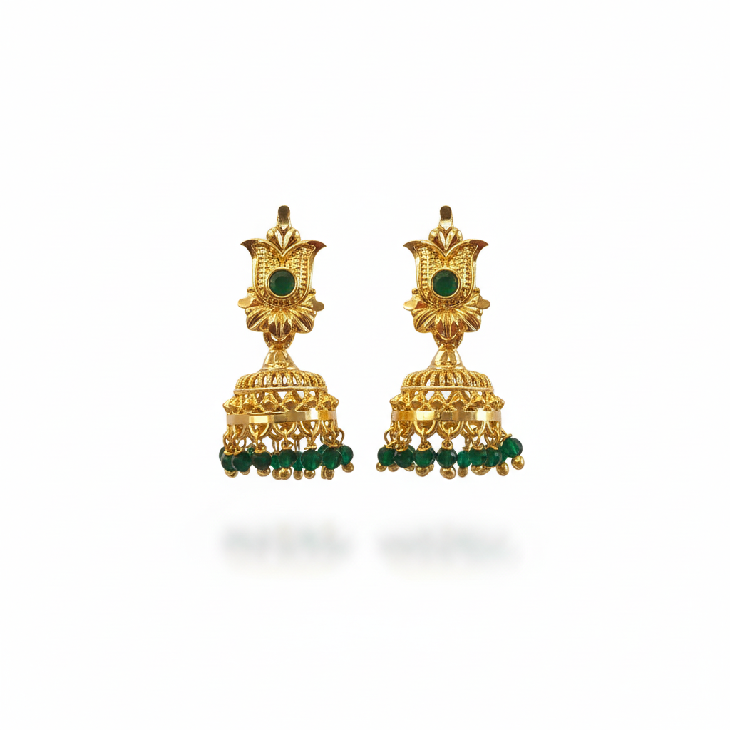 Small Gold Floral Top Jhumka on white background