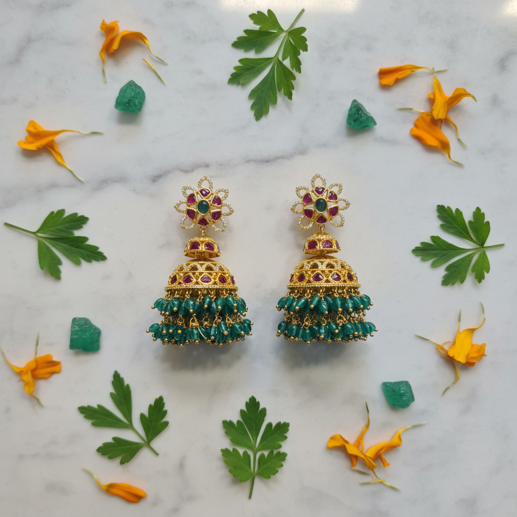 Kempu Emerald Jhumka flat lay on marble with green leaves and emerald crystals