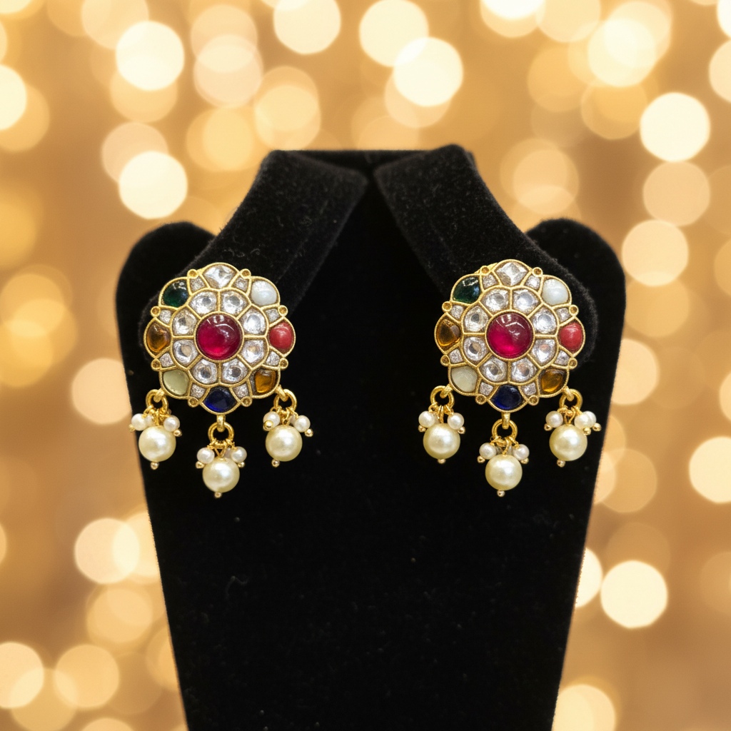 Lifestyle - Navratna Jadau Kundan Stud Earrings on Black Velvet Stand
