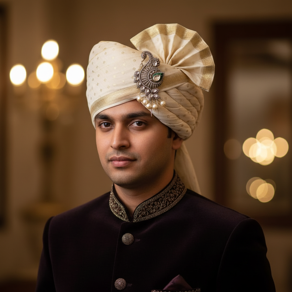 Peacock Kundan Kalgi on Groom Safa - Bridal Wedding Lifestyle