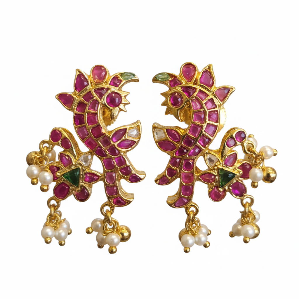 Kempu Peacock Studs – close-up detail shot