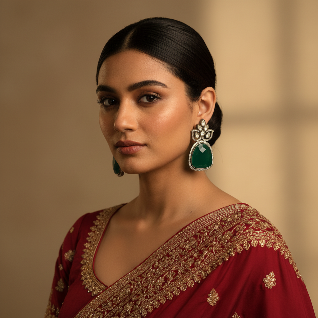 Model wearing Victorian Kundan Earrings - Emerald Green (1:1)