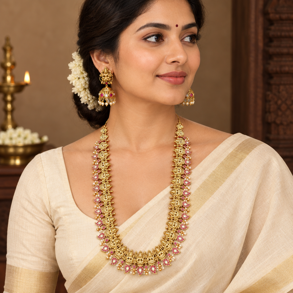 Illustrative square model wearing Lakshmi haram and earrings