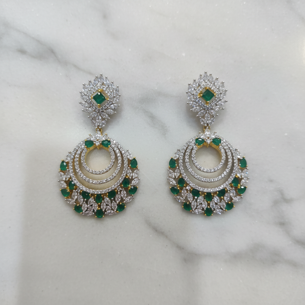 CZ Triple Crescent Chandbali Earrings - Flat Lay Marble