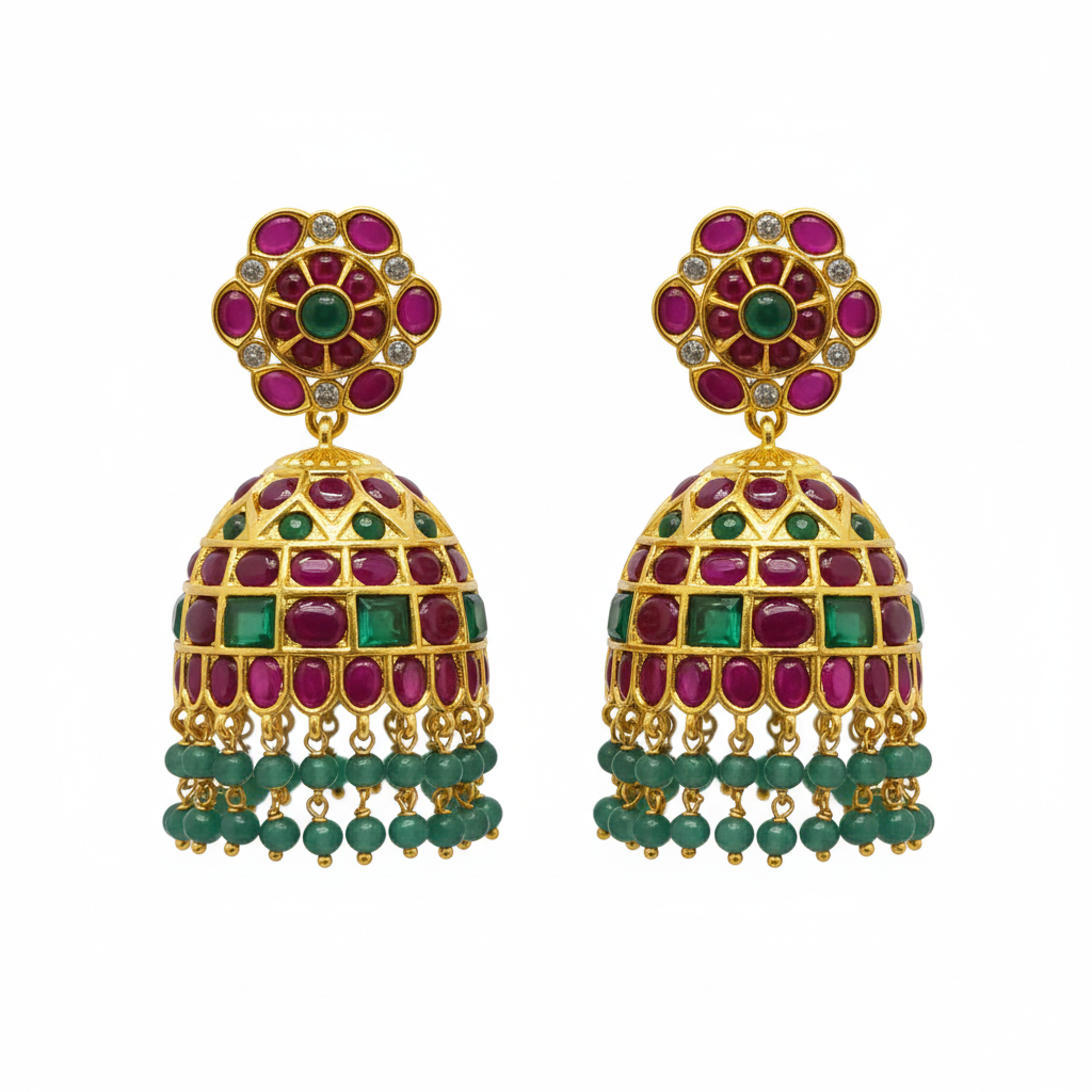 Emerald Kempu Jhumka - Emerald Bead Drops - White Background Hero