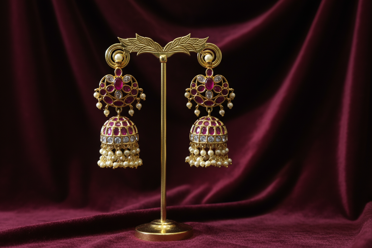 Kempu Ruby CZ Chandbali Jhumka - Boutique Display on Wine Velvet