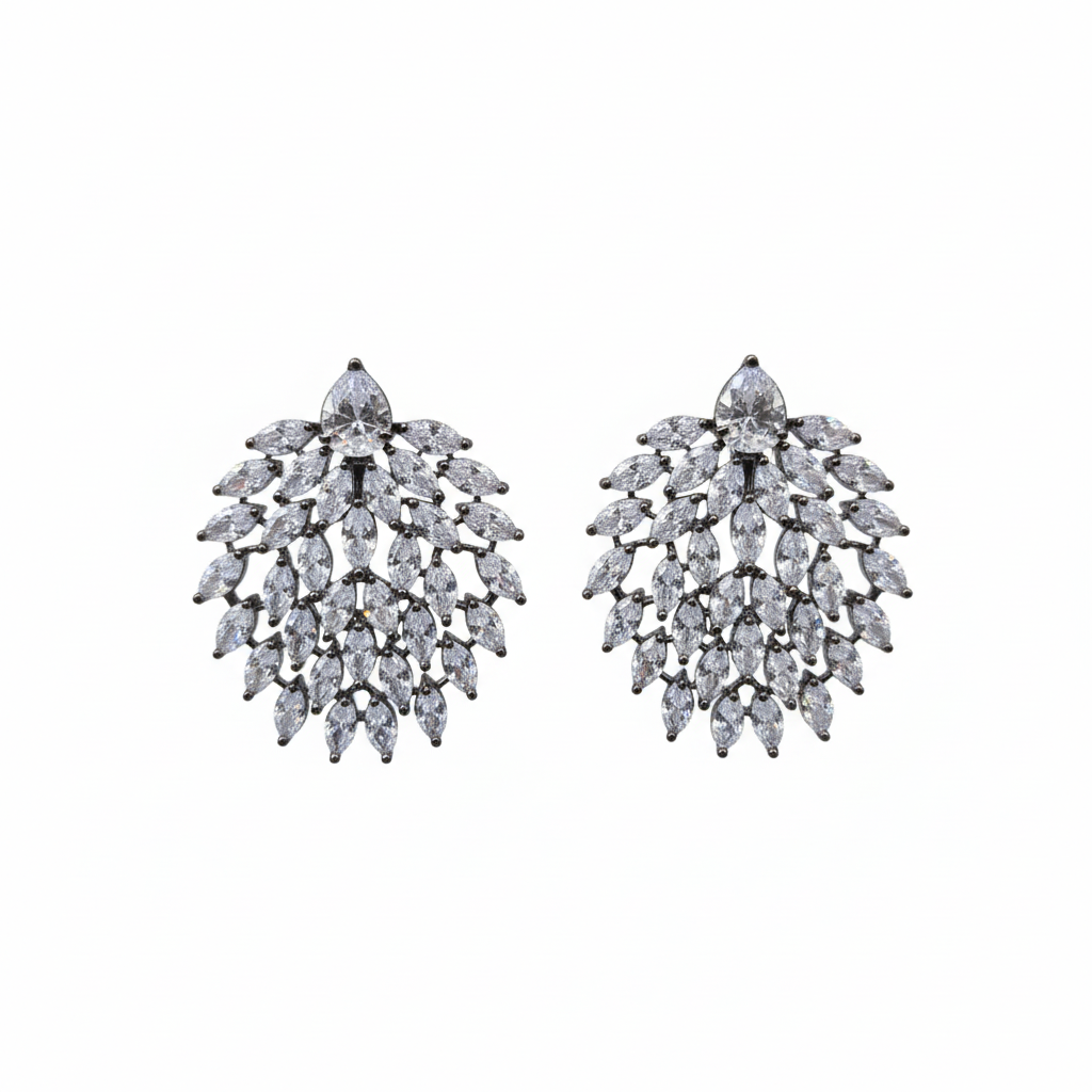 White CZ Leaf Chandelier Earrings White Background Studio Shot