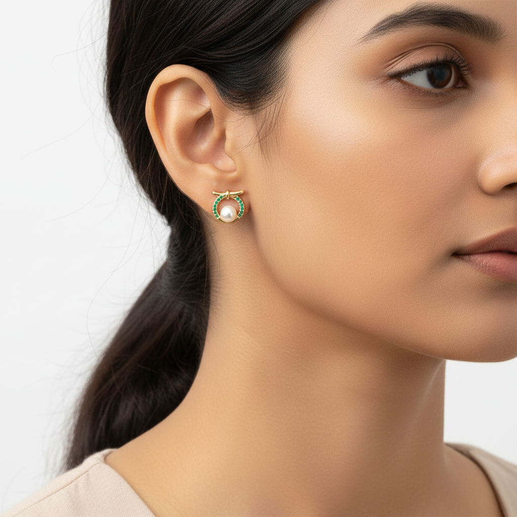 Circle Pearl Stud Earrings Green CZ model shot