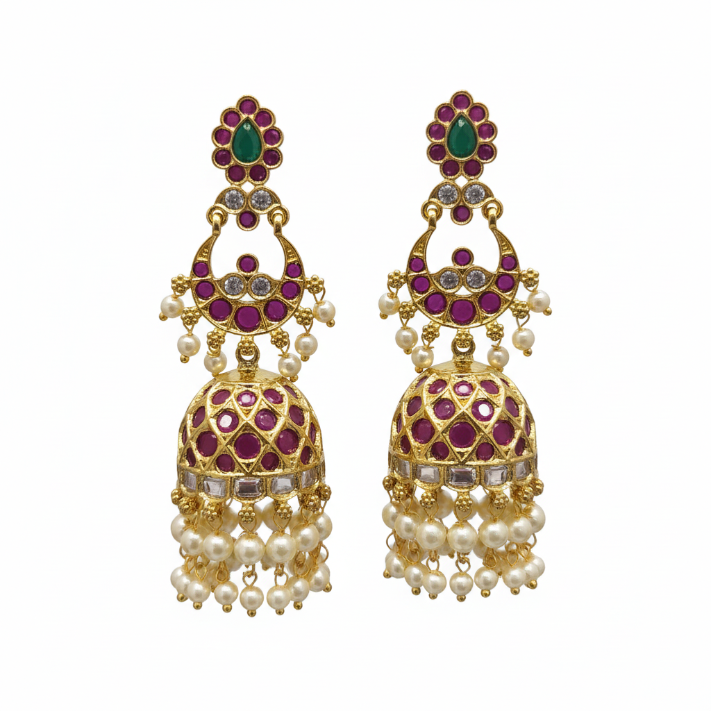 Chandbali Ruby Jhumka on white background