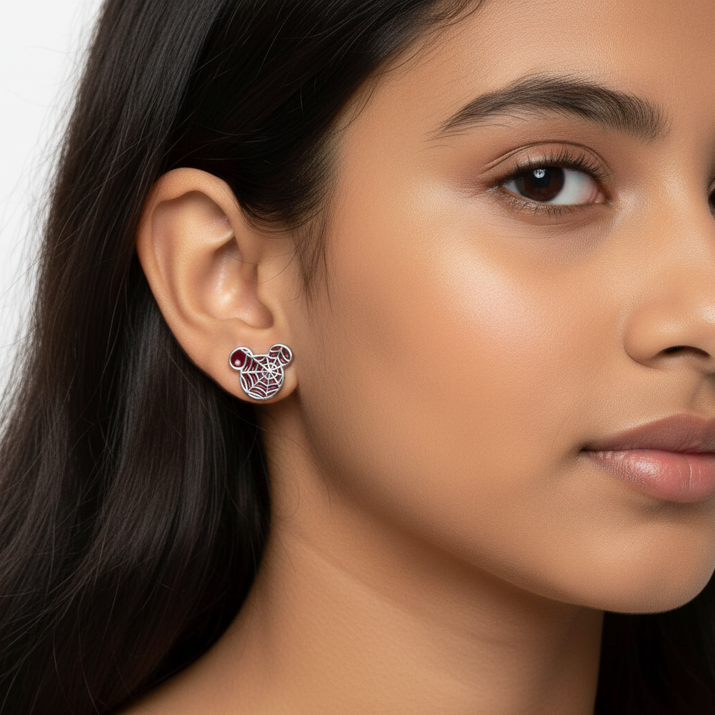 925 Silver Maroon Mouse Earrings for Kids - Character Studs with Silver Lines