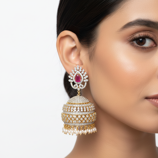 CZ Diamond Jhumka With Pearl Drops - Model Wear White Background