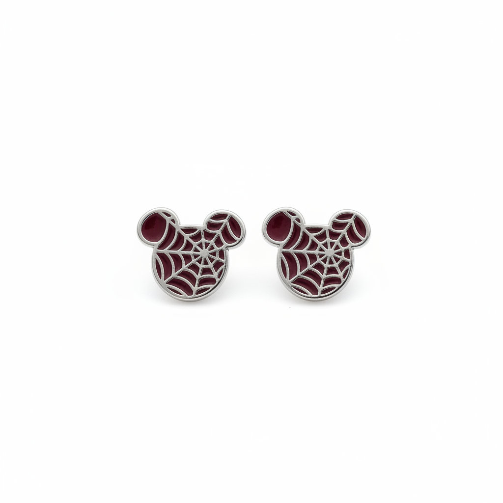 925 Silver Maroon Mouse Earrings for Kids - Character Studs with Silver Lines